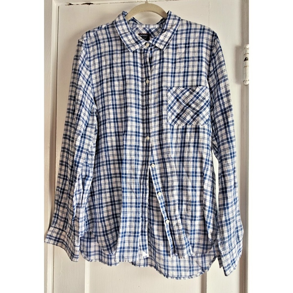 UNTUCKit womans 14 100% Linen plaid blue‎ white button down shirt